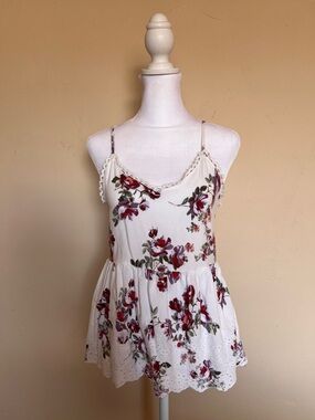 Floral Lace-Trim Spaghetti Strap Peplum Top - White with Red Floral